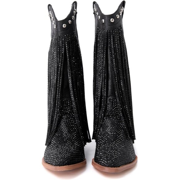 ⚡Women's Black Pointed toe Thick Heel Ankle Boot Ladies Crystal Embroider - Picture 5 of 6